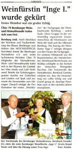 Pressebeitrag 'Weinfürstin 'Inge I.' wurde gekürt' Wochenspiegel 12.11.2008